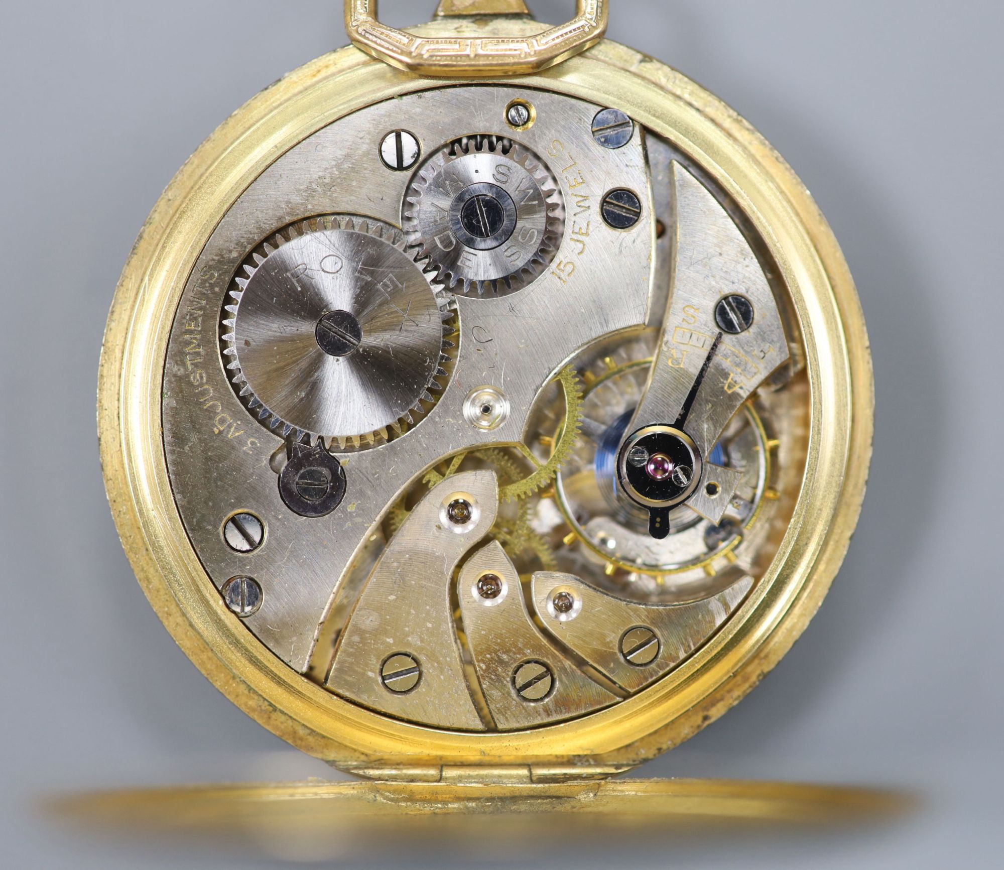 An early to mid 20th century gold filled Rolex keyless dress pocket watch, with Greek Key border, case diameter 44mm.